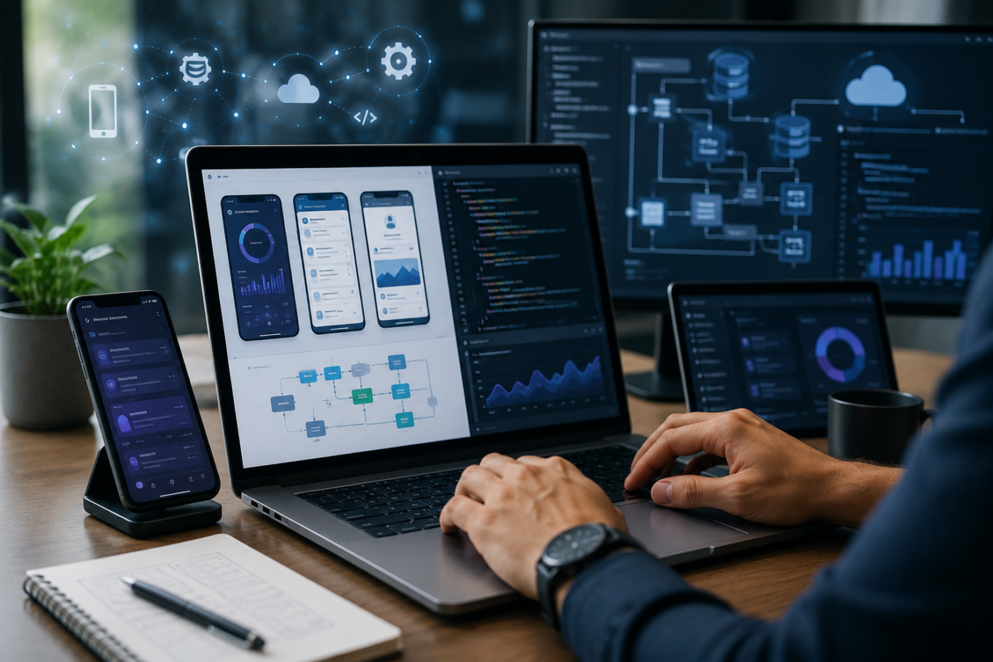 Software developer building scalable mobile applications with modern architecture dashboards