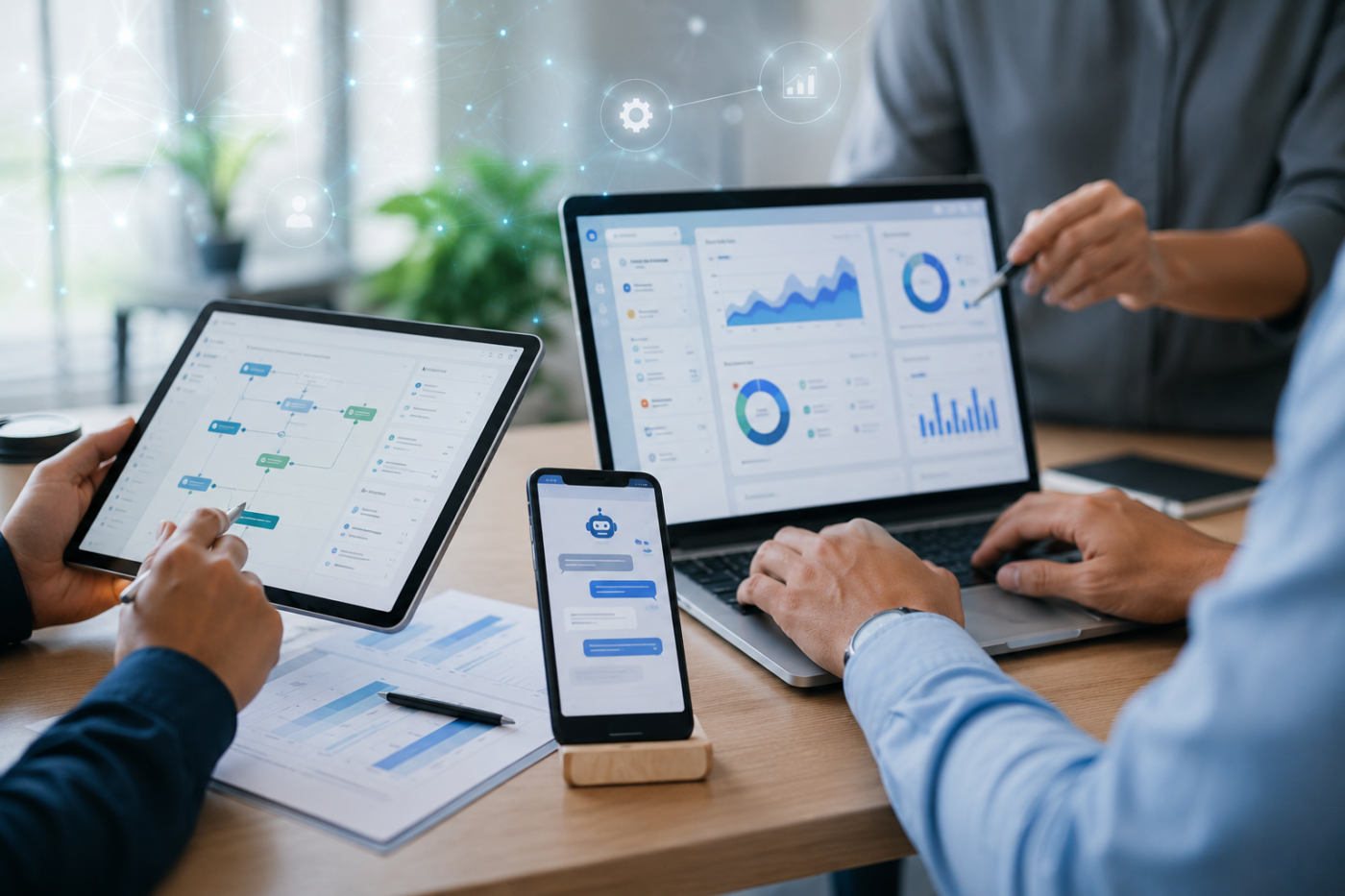 Business team using AI automation dashboards across web and mobile devices