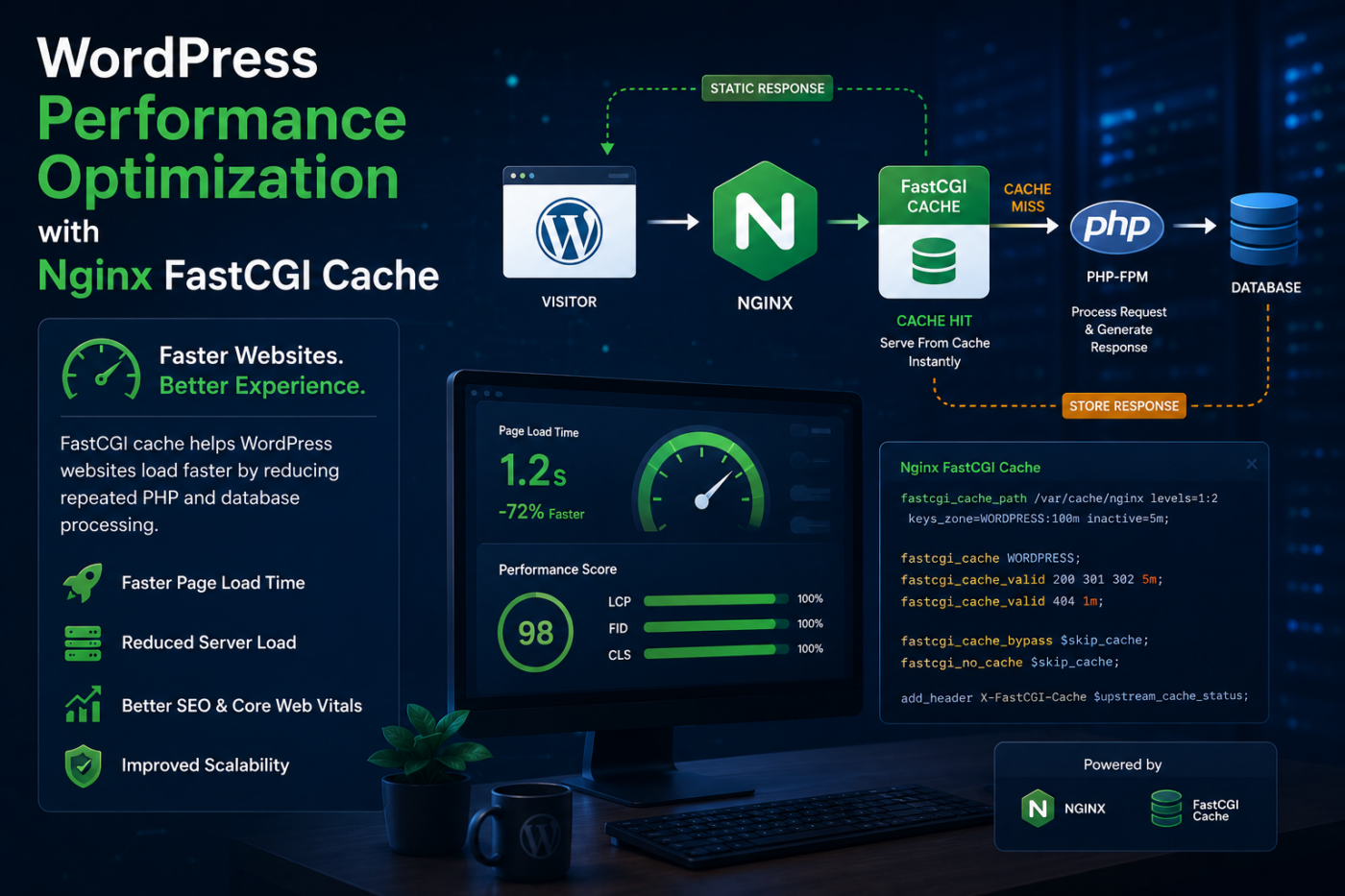 Modern website performance optimization concept with Nginx server caching and WordPress infrastructure