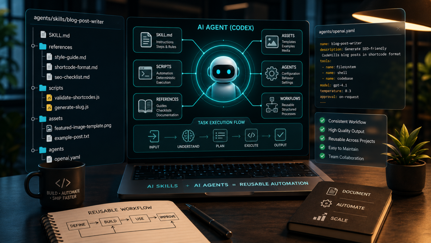 AI skills with AI agents showing a Codex-style workspace, skill folders, scripts, references, assets, and reusable automation workflows
