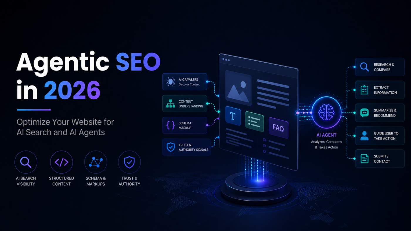 Agentic SEO dashboard showing AI search visibility, structured website content, schema, and agent-ready web pages