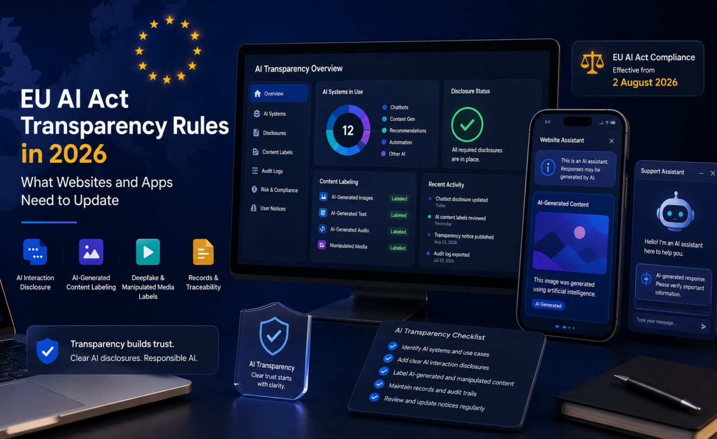 EU AI Act transparency rules dashboard for websites, apps, chatbots, and AI-generated content labels