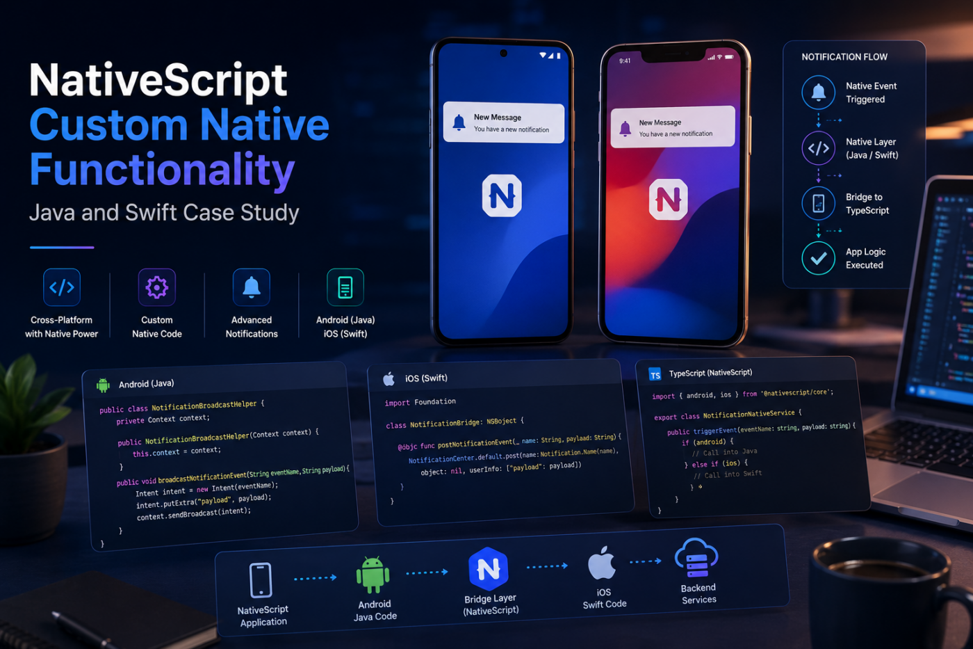 NativeScript mobile app development with custom Java Android code and Swift iOS native functionality
